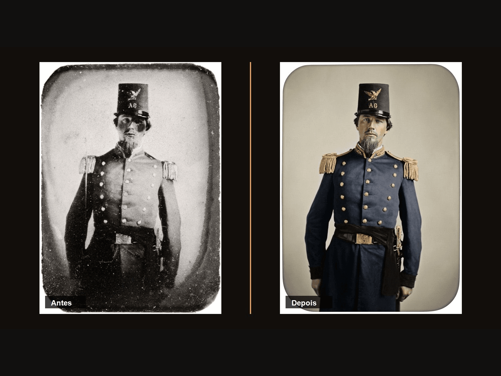 Comparação fictícia antes e depois de uma restauração de foto feita pela Pictro.
